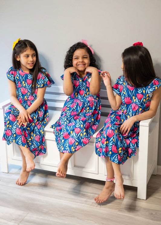 Kids Blue Floral Flutter Sleeve Spring Summer Dress