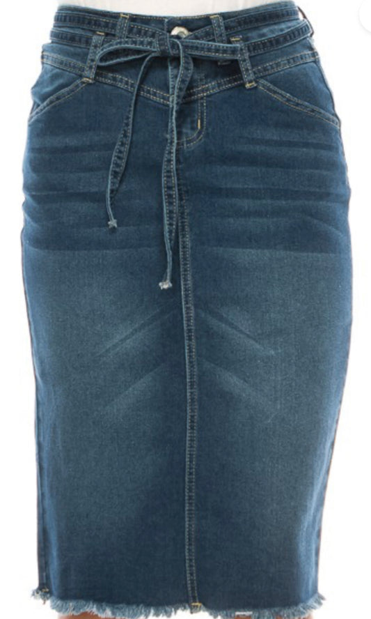 Indigo Wash belted denim skirt