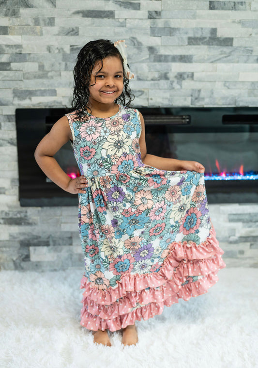 Pastel Floral 3 Ruffle Dress