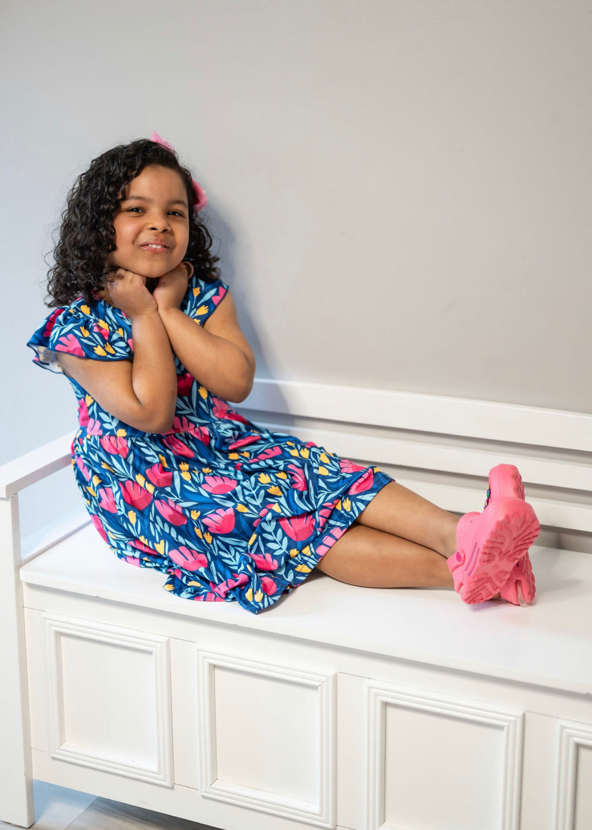 Kids Blue Floral Flutter Sleeve Spring Summer Dress