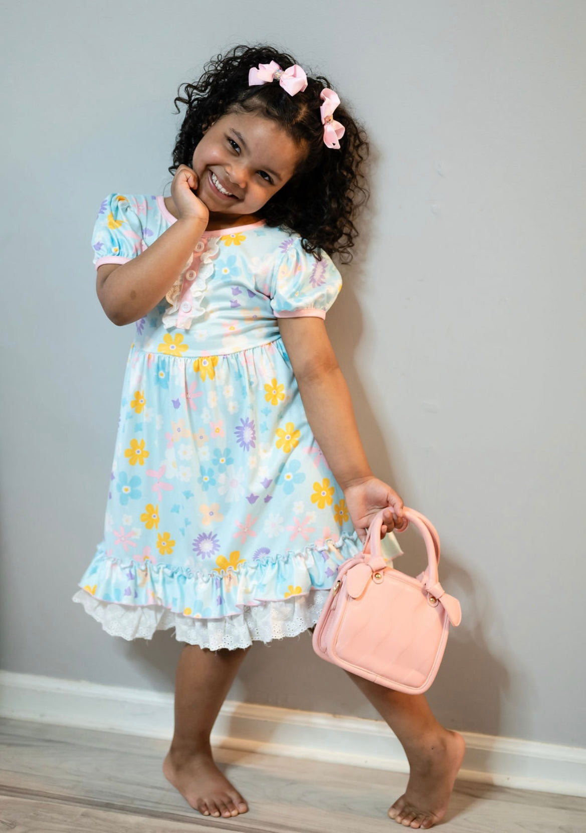 Ice Blue Floral Ruffle Twirl Dress