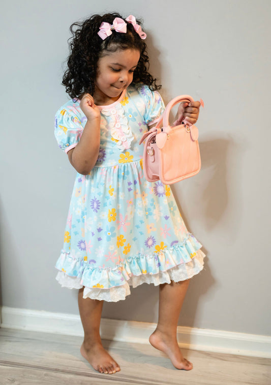 Ice Blue Floral Ruffle Twirl Dress