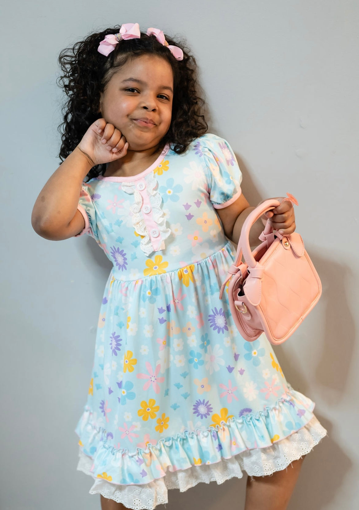 Ice Blue Floral Ruffle Twirl Dress