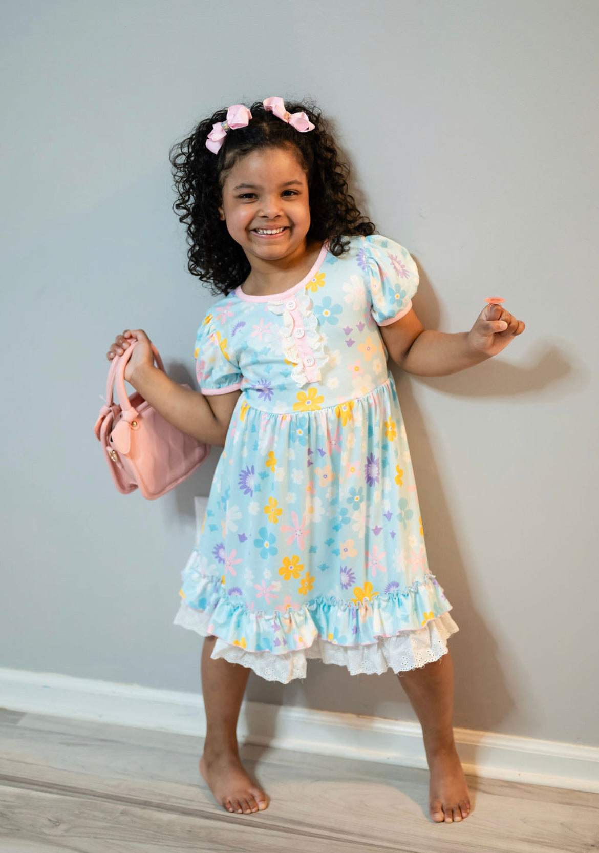 Ice Blue Floral Ruffle Twirl Dress